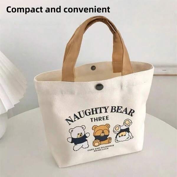 1pc 3 Little Bears Canvas Lunch Bag, Portable Handbag, Cartoon Tote Bag, Versatile Bento Box Bag, Minimalist For Work, School Supplies,Back To School