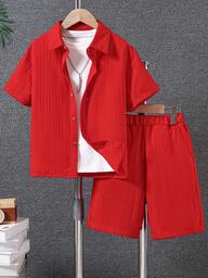 Boys' Casual Wavy Texture Short Sleeve Shirt & Shorts Set, Lightweight Breathable Solid Color, Suitable For Spring/Summer
