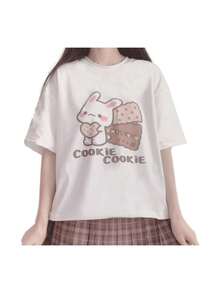 Harajuku Kawaii Fashion Pastel Gothic Casual Style Crewneck Soft Cartoon Cute Bunny Cookies Print T-Shirt - trắng - Xem 1