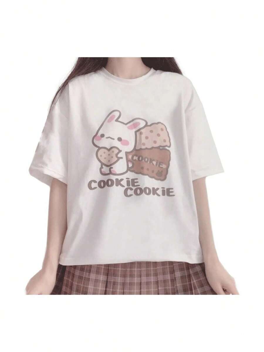 Harajuku Kawaii Fashion Pastel Gothic Casual Style Crewneck Soft Cartoon Cute Bunny Cookies Print T-Shirt - trắng - Xem 1