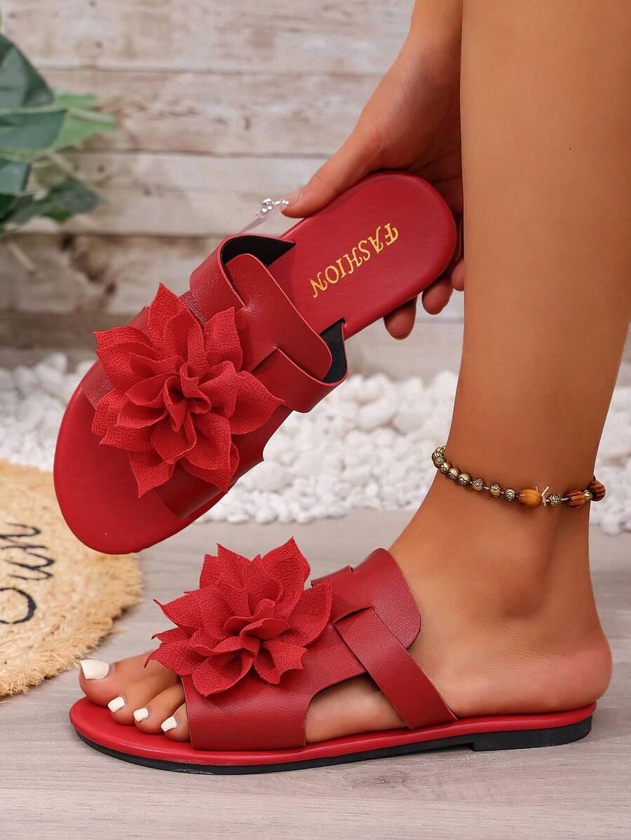 Women's Round Toe Flat Sandals With 3D Floral Decoration, Open Toe, Slip-On, Summer Vacation Style Casual Beach Shoes, Solid Color Slides