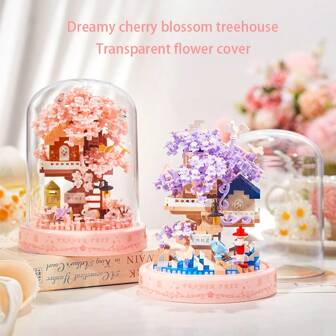 Bloques de construcción de casa con árbol de flores de cerezo en miniatura, artículo de exhibición coleccionable, flor eterna, decoración para el hogar/oficina, juguete de bloques de construcción, bloques de construcción para adultos, regalo para boda/festividades/cumpleaños/Halloween/Navidad