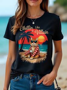 Camiseta de  de Algodón 180g Chillin Like at Villain estampado de playa con gato arena y palmeras Moderna Elegante Diseño de Verano Ideal para Ocasiones Casual y Descanso Manga Corta Cuello Redondo Estilo Actual 2023 - Negro - Ver 1