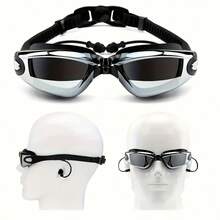 High Def Anti-Fog Swimming Goggles With Ear Plugs - Electroplated Design, Unisex, Wide View - Suitable For Pool And Beach Fun