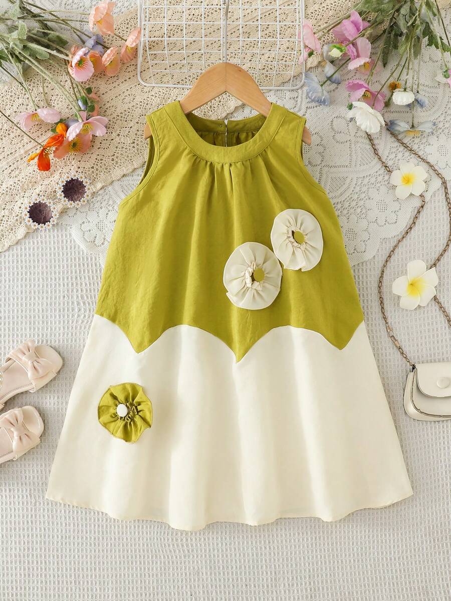 Girls Sweet Fashion Sleeveless Splicing Princess Dress, Summer - Beige - View 1