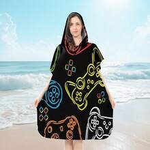 1 Pc Gamer Theme Microfiber Hooded Beach Towel - Vibrant Game Controller Design, Soft & Durable Polyester Bath Robe, Suitable For Swimming, Travel And Beach Vacation - Multicolor - View 2
