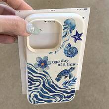 1 pieza Funda de teléfono con patrón de olas, medusas y tortugas marinas de estilo vintage, hecha de material TPU, compatible con teléfonos Applnmi, versión internacional, no la versión nacional - Blanco - Ver 4
