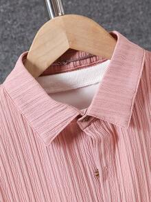 Boys' Casual Wavy Texture Short Sleeve Shirt & Shorts Set, Lightweight Breathable Solid Color, Suitable For Spring/Summer - Pink - View 4