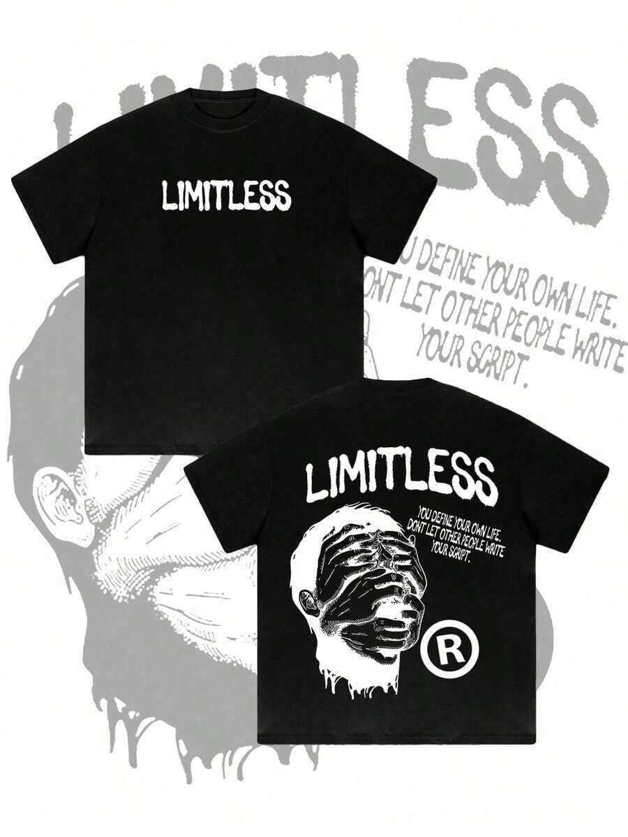 1pc Oversized Men's Drop Shoulder Short Sleeve T-Shirt, Streetwear Casual Style, Exaggerated Loose Fit, Dark Graphic Print, Sketch Line Art Pattern, Y2K, Holiday Gift, Unisex Couple Matching - 黑色 - 查看 1