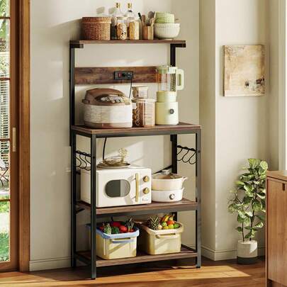 Estante para Hornear de Cocina con Enchufe, Rejilla para Microondas con Cesta de Drenaje de Metal y 6 Ganchos en S, Rejilla de Cocina de 56 * 42* 129cm para Guardar Especias, Ollas y Sartenes