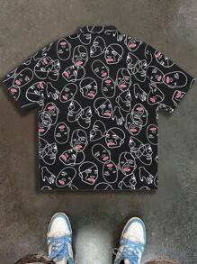 Camisa de estampado completo de manga corta con cuello de solapa para hombres, para uso diario casual y elegante. Se puede usar como regalo para novios y amigos