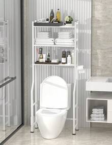 3-Tier Over The Toilet Storage, Freestanding Metal Bathroom Shelves With 4 Hooks, Over Toilet Storage Shelf With Paper Holder, Above The Toilet Shelf For Bathroom Storage, White - 白色 - 查看 2