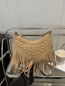 1pc Khaki PU Smooth Zipper Fringe Rivet Decorated Fashion Casual Crossbody Bag, & Versatile For Women Everyday Use, Summer New Arrival - Khaki - View 11