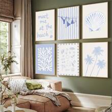 6-Pc Coastal Seashell Starfish Palm Tree Wall Art Prints – Beach & Coastal Wall Decor Poster Set For Girly Room, Dorm & Apartment Home Decoration, Chic Preppy Aesthetic