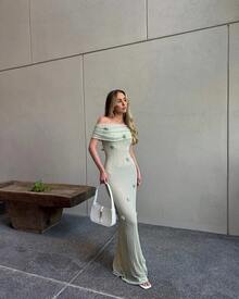 3D Floral Off Shoulder Dress Woman Strapless Pleated Solid Color Robes Sleeveless Elegant Fashion Slim Women's Long Maxi Dress - 綠色 - 查看 1