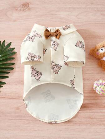 1pc Cute Bear Pattern Bow Tie Pet Shirt For Small Dog Cat, Suitable For Spring & Autumn