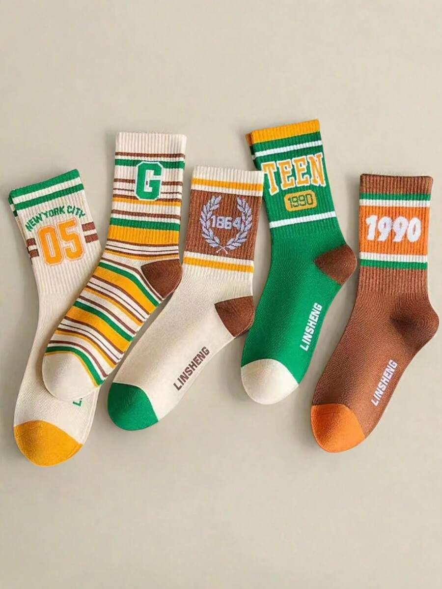 5双复古美式条纹中筒袜，复古英伦风格字母图案，随机搭配