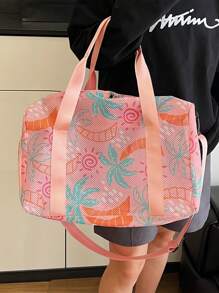 "Fashionable Mesh-Handle Luggage Tote – Lightweight, Large-Capacity Travel Tote Bag Vibrant Coconut Tree & Sun Print – Perfect For Summer Vacations And Beach Trips, Can Be Worn As A Crossbody Bag For Personal Essentials"