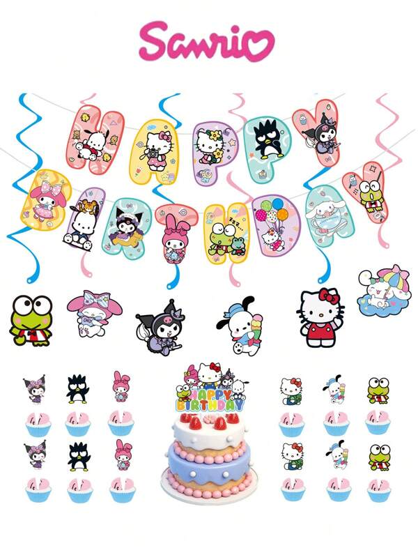 Sanrio Sanrio Hello Kitty Birthday Decoration Three Pieces Set, Happy Birthday Colorful Flag, Rotating Hanging Flag, Cake Decoration Board, Wall Background Decoration, Birthday Theme Party Essential, Cute Cartoon Character Banner, Pulling Flag