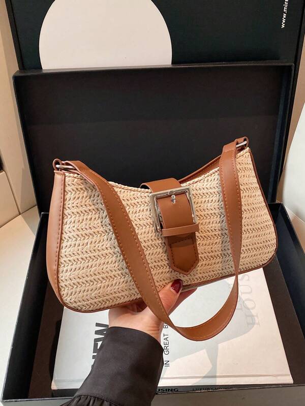 Bolso de hombro de gran capacidad con decoración de arcoíris de paja de primavera, diseño cuadrado minimalista para mujeres