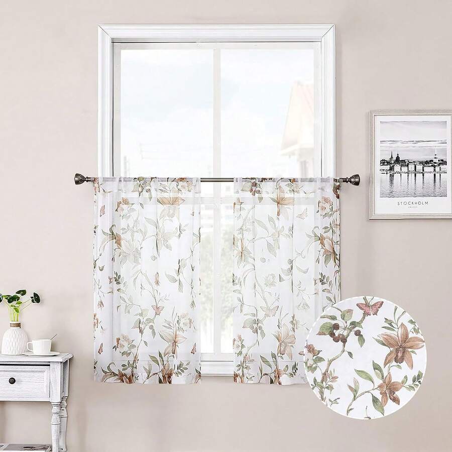 Floral Sheer Tier Curtain Taupe Cherry Flower Butterfly Print Half Curtains Kitchen Rod Pocket Voile Linen Look White Sheer Curtain For Bathroom, 30 X 36 Inches Long, Set Of 2 Panels - 彩色 - 查看 1