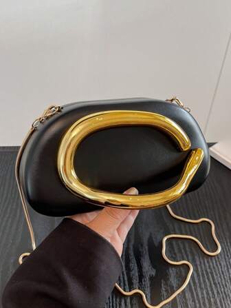 Nouveau sac de soirée élégant et polyvalent en métal doré brillant de forme ovale, sac à épaule chic et casual, pochette