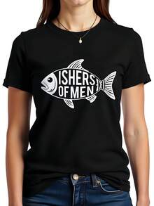 Camiseta negra de mujer 180g 100% algodón estilo casual con cuello redondo y manga corta estampado Fishers of Men ideal para cualquier ocasión moda cristiana  2023 camiseta gráfica cómoda y ligera perfecta para verano - Negro - Ver 1