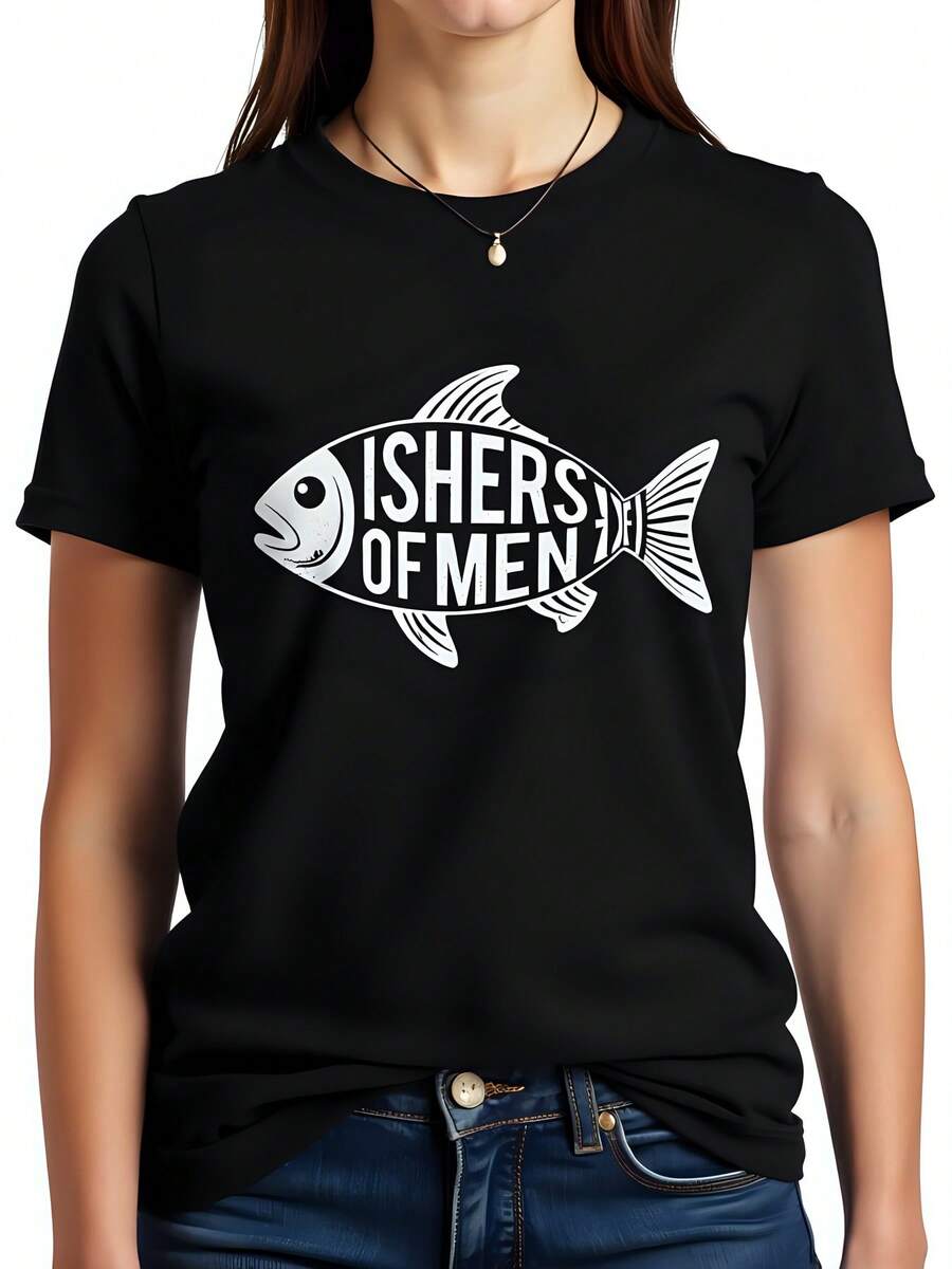 Camiseta negra de mujer 180g 100% algodón estilo casual con cuello redondo y manga corta estampado Fishers of Men ideal para cualquier ocasión moda cristiana 2023 camiseta gráfica cómoda y ligera perfecta para verano - Negro - Ver 1