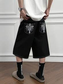 男士水洗黑色轮廓先锋嘻哈街头宽松骷髅刺绣牛仔短裤，春夏季百搭，Emo 风格 - 黑色 - 查看 2