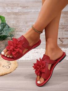 Women's Round Toe Flat Sandals With 3D Floral Decoration, Open Toe, Slip-On, Summer Vacation Style Casual Beach Shoes, Solid Color Slides - Red - View 7