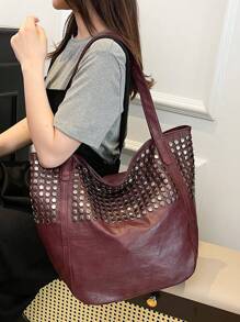 Dedoo Geantă de mână din piele moale 2024 nouă, geantă Joker, geantă de umăr simplă, design cu nituri, capacitate mare, geantă mare de damă, cumpărături, serviciu. Convenabilă pentru călătorii, suprafață lucioasă, imprimeu leopard