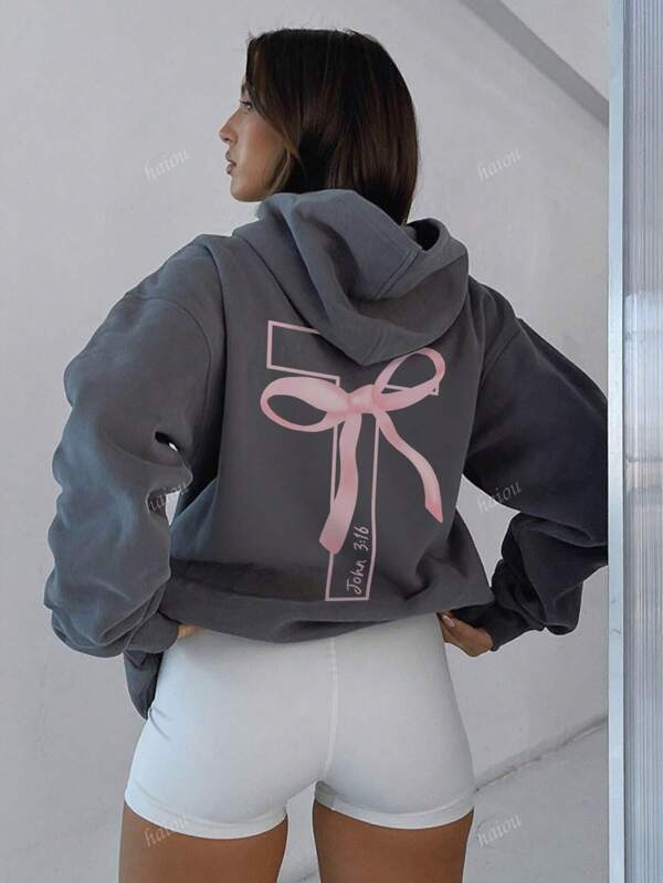 Women's Casual Graphic Print Loose Fit Hooded Sweatshirt With Thermal Lining, Fashion Winter