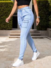 Jeans sexys con lavado claro y bolsillo con solapa para mujer, Pantalones vaqueros ajustados elásticos