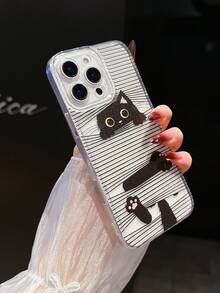 可爱淘气小猫爬窗帘图案设计，时尚透明手机壳兼容 15/11/12/13/14/16/S21/S22/S23/S24/S25/PLUS/ULTRA、17/17 Pro/17 Pro Max/Air、16 Pro Max，可爱的手机保护套，减震防摔印花手机壳，送给朋友或爱人的节日礼物 - 無色 - 查看 3