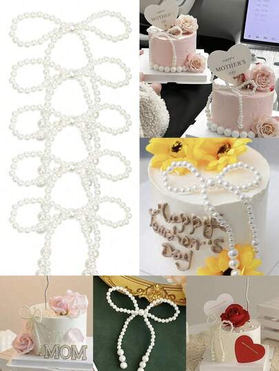 10 Piezas - Decoraciones para torta con moños de perlas, Set de decoración romántica para tortas, decoraciones con moños, envolventes de flores con cuentas y suministros florales para decoración de tortas. Adecuado para fiestas de cumpleaños, Día de la Madre, aniversario, boda y Día de San Valentín