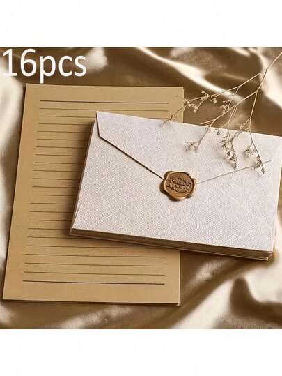 16pcs / 20pcs Set, Linen Patterned Envelope And Letter Paper Set, Retro-Style Cowhide Special Paper Invitation Cards, Postcards, Lacquer Envelopes, Invitation Letters, Business Mail Envelopes, Holiday Gift Letter