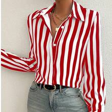 Plus Size Women Elegant Striped Long Sleeve Single-Breasted Casual Shirt, Suitable For Autumn Date, Airport And Daily Wear Spring - 紅白色 - 查看 3