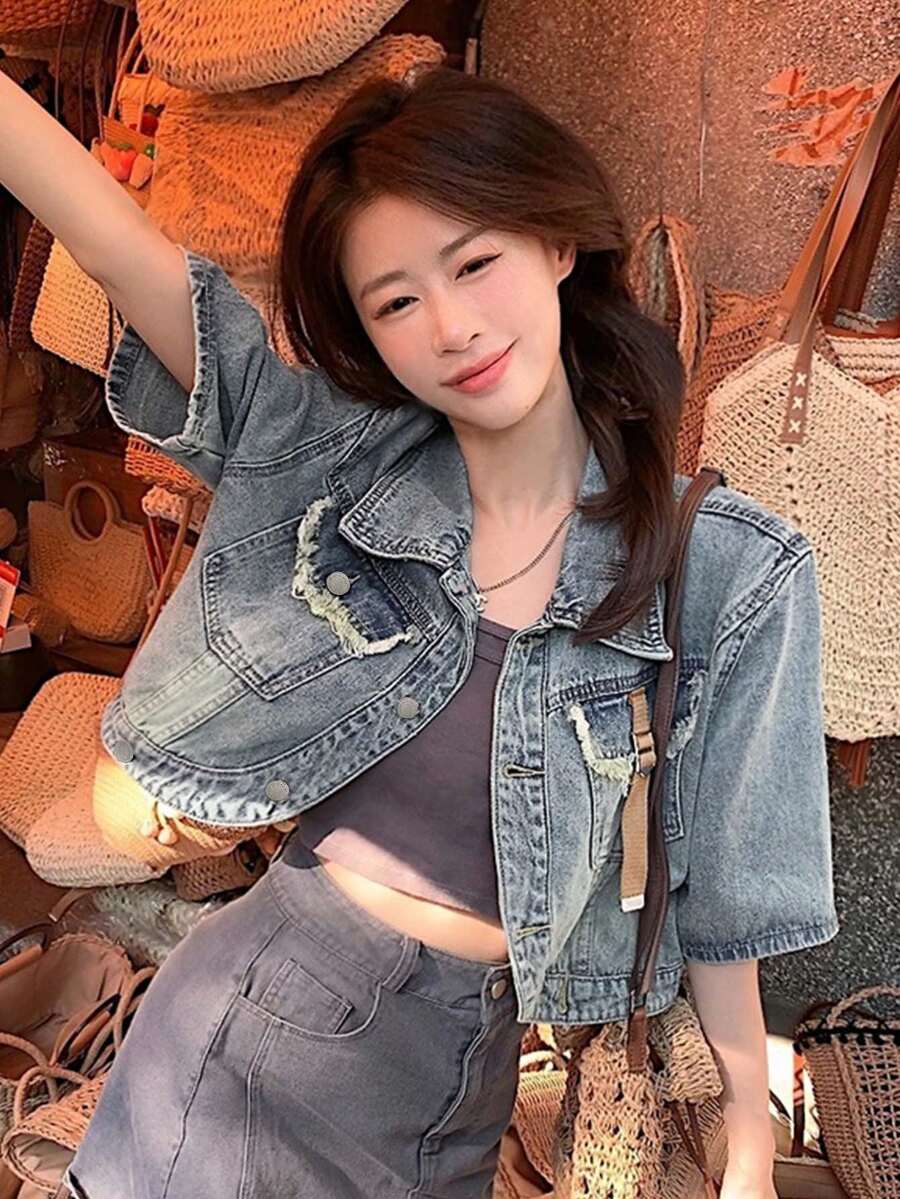 时尚短袖牛仔夹克女款，新款夏季宽松短款休闲领衬衫 - 藍色 - 查看 1