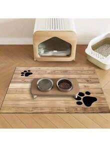 1 pieza Alfombrilla con estampado de huella de madera para alimentación de perros y gatos, pequeños animales, duradera y antideslizante, absorbente de agua y resistente a las manchas, ideal para gatos - Alfombrilla para tazones de comida y agua de mascotas para decoración del hogar, alfombrillas de cocina, accesorios para mascotas