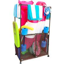 Portador de equipos de piscina con barras para secar toallas "Esencialmente Tuyo", organizador de almacenamiento rodante de malla para piscina, extra grande con colgador de toallas, (87,6 cm An x 63,5 cm L x 159 cm Al) - Marrón - Ver 2