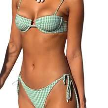 Women's Plaid Print String Bikini Set Green Bikini Swimsuit Plaid Spaghetti Strap Women's Swimwear Low Waist Beach Vacation Wear # TikTokShop CyberMonday - màu xanh lá - Xem 5