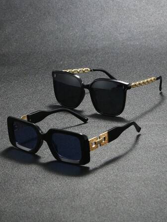 2 副女士时尚方形眼镜，适合日常生活、海滩度假、户外旅行、装饰链眼镜、复古黑色眼镜、成人派对礼物、节日配饰、基本款秋冬女装、商务休闲礼品、沙滩配饰、女士时尚眼镜，适合夏季海滩度假、户外、旅行