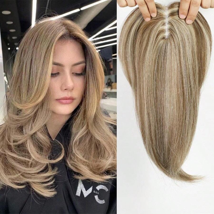 18 Inch Sandy Brown And Ash Blonde Layered Hair Topper With Bangs For Women Synthetic Hair Toppers Hair Pieces Swiss Base With 3 Clips Toppers For Women With Thinning Hair Grey Hair Hair Loss01 - SandyBrown&AshBlonde - View 1