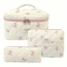 Stylish 3-Piece Quilted Cotton Floral Makeup Bag Set - Women's Lightweight Non-Waterproof Toiletry Storage Bag - Hồng - Xem 1