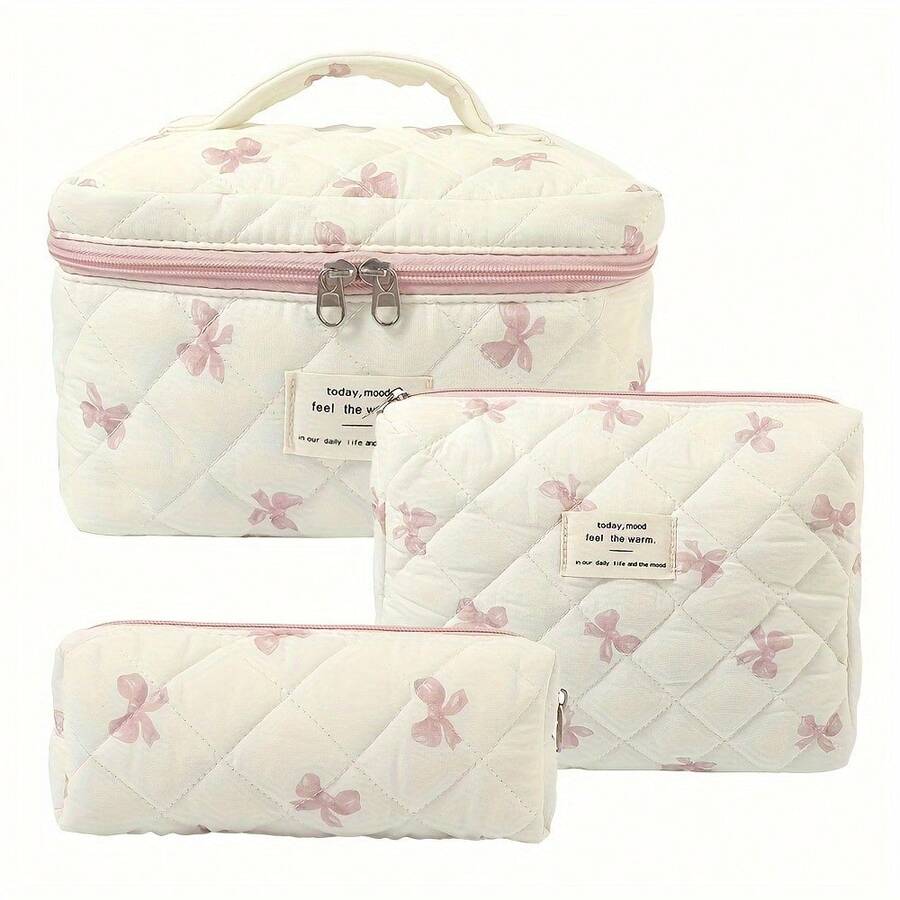 Stylish 3-Piece Quilted Cotton Floral Makeup Bag Set - Women's Lightweight Non-Waterproof Toiletry Storage Bag - Hồng - Xem 1