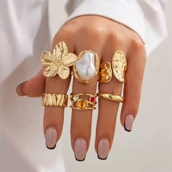 6 Peças Anéis de Pérolas Falsas Barrocos da Moda, Anéis Abertos Exagerados para Dedos, Anéis de Metal Vintage com Flor, Adequado para Qualquer Ocasião, Presente de Férias Perfeito