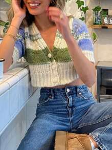 Suéter de punto a rayas con botones, de escote en V, de estilo de moda, todo a juego, contraste de color, para mujer. Chaqueta de punto abierta tipo cárdigan que deja ver el ombligo, de estilo informal y de vacaciones, de tejido de punto corto, para primavera, verano y otoño.