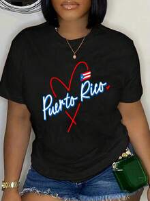 100% Cotton Puerto Rico Flag Heart Love Vacation Trip T-Shirt Women's Men's Oversized Comfort Soft Crew Neck Tee Tops - màu đen - Xem 1