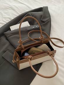 欧美个性新款韩版拼色亚麻手提包女2025新款简约单肩斜挎包 - 棕色 - 查看 9