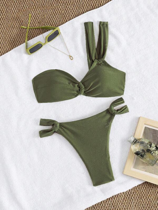 Set de 2 piezas Bikini asimétrico/asimétrico de color liso elegante para mujer